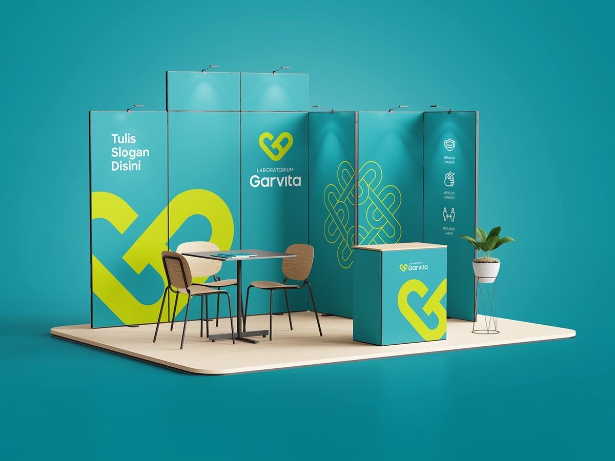 3D rendering of a modern trade show booth featuring teal panels with a lime green logo, reception counter, and seating.