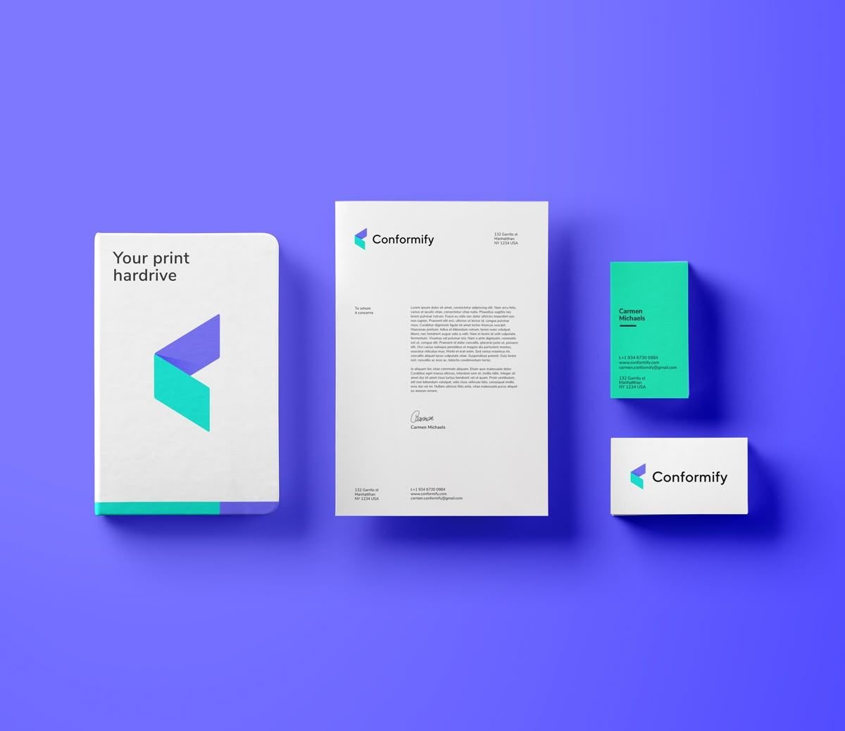 Minimalist corporate stationery mockup featuring a letterhead, notepad, and teal business cards against a solid purple background.